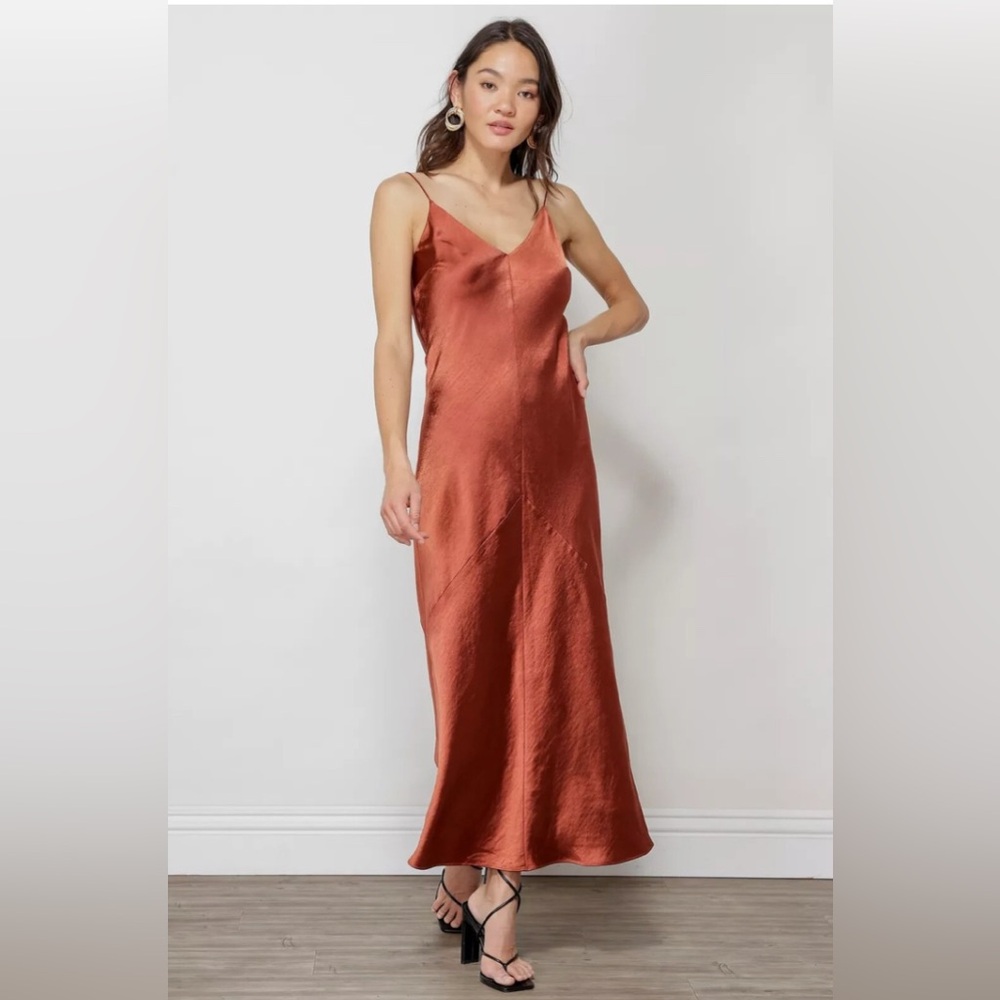 NWT Line & Dot Dolly Satin Midi Dress Burnt Orange Red Brown Size XS